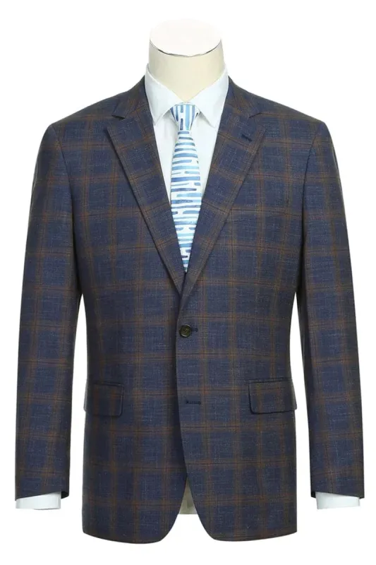 Mens Slim Fit Two Button Sport Coat Blazer in Navy Blue & Gold Windowpane Plaid sold by Alberto Nardoni