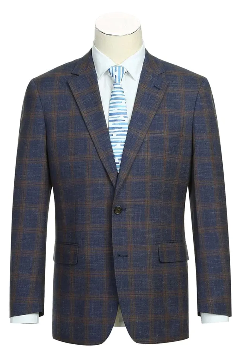 Mens Slim Fit Two Button Sport Coat Blazer in Navy Blue & Gold Windowpane Plaid sold by Alberto Nardoni