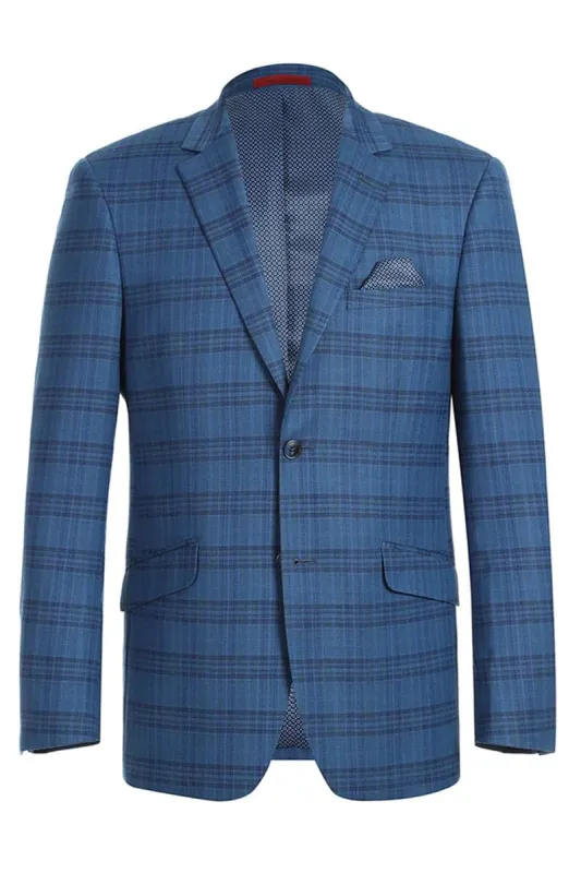 Sacos Para Hombre - Sacos Vaqueros Mens Two Button Slim Fit Sport Coat Blazer in Medium Indigo Blue Windowpane Plaid sold by Alberto Nardoni