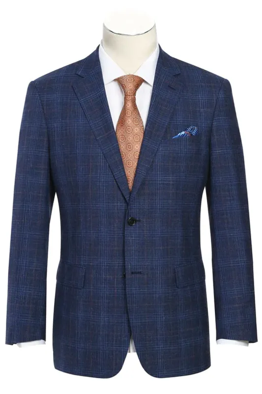 Sacos Para Hombre - Sacos Vaqueros Mens Classic Fit Two Button Wool & Linen Sport Coat Blazer in Blue Windowpane Plaid sold by Alberto Nardoni