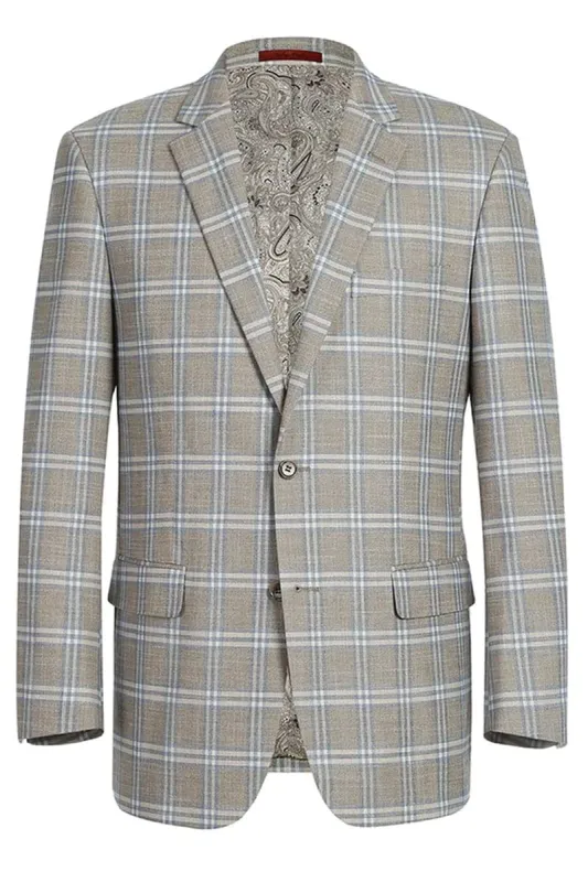 Sacos Para Hombre - Sacos Vaqueros Mens Two Button Classic Fit Sport Coat Blazer in Grey Tan Windowpane Plaid sold by Alberto Nardoni
