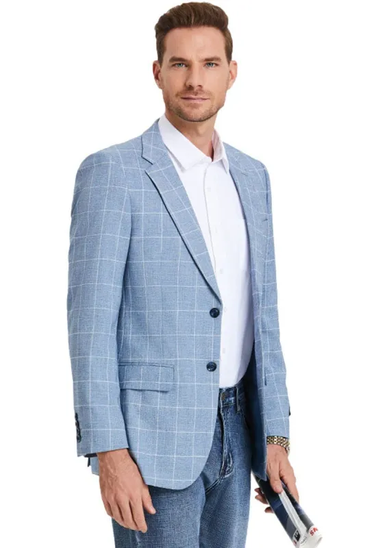 Western Sport Coat - Western Blazer Men's Slim Fit Business Casual Summer Windowpane Plaid Blazer in Light Blue sold by Alberto Nardoni