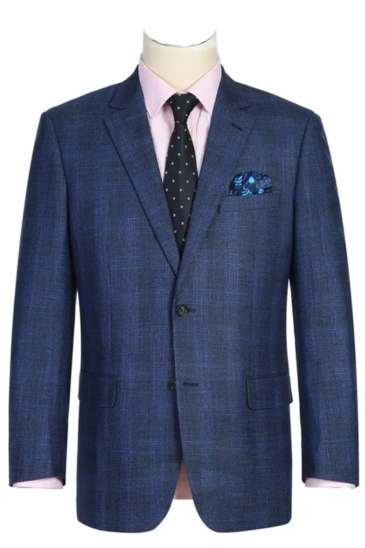 Western Sport Coat - Western Blazer Mens Two Button Classic Fit Sport Coat Blazer in Navy Blue Windowpane Plaid made by Alberto Nardoni