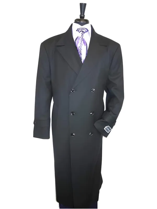Mens Black Overcoat - Jet Black Double Breasted 100% Wool Button Closure Overcoat - Mens Topcoat sold by Alberto Nardoni