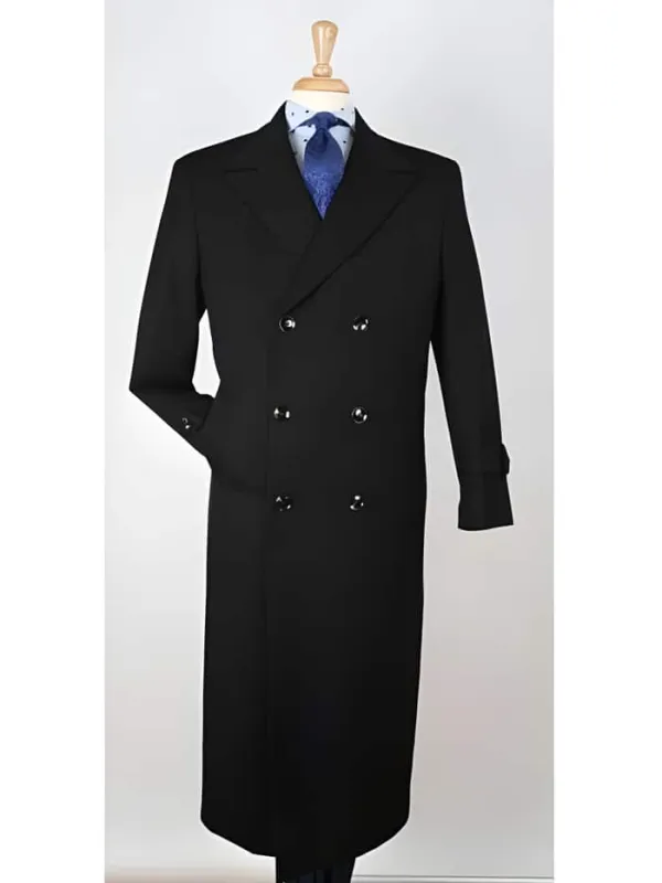 Mens Black Overcoat - Center Vent 100% Wool Gabardine Double Breasted Black Top Overcoat sold by Alberto Nardoni