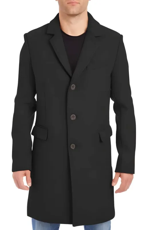 Mens Black Overcoat - Men's Black Four Button Cuffs Wool Fabric Big And Tall Men's Peacoat made by Alberto Nardoni