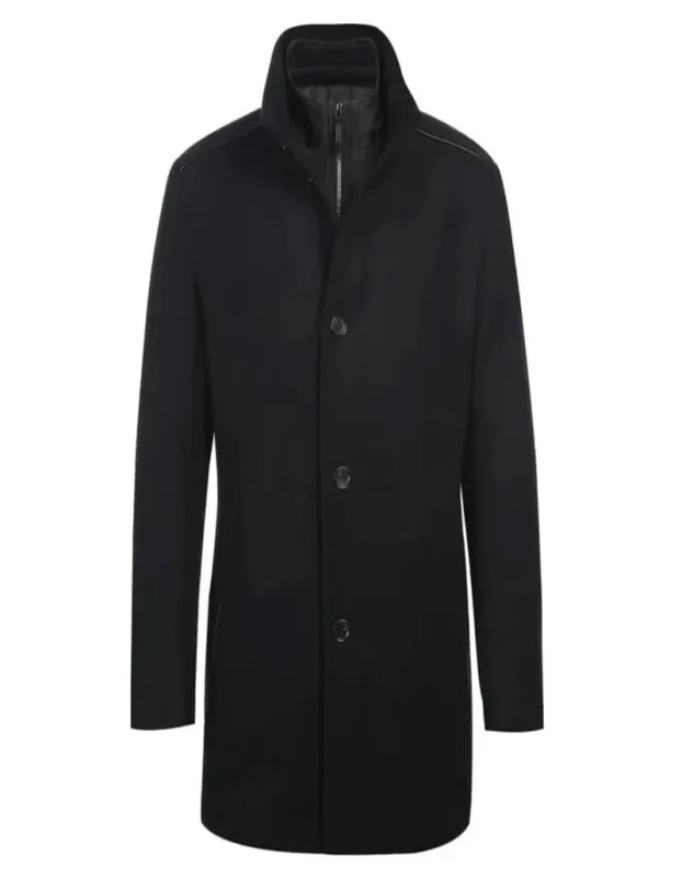 Mens Black Overcoat - Black Slim Fit Wool Blend Short Coat with Detachable Full Zipper made by Alberto Nardoni