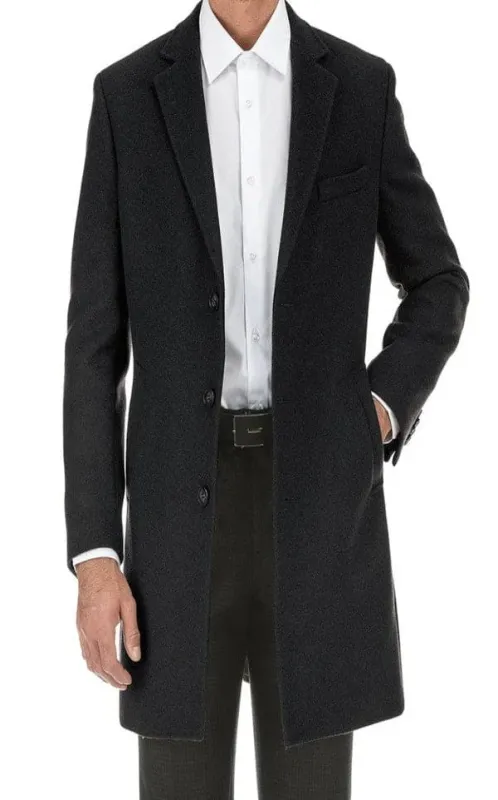 Mens Black Overcoat -Black Fall-Winter Essential Slim Fit Overcoat Wool Blend sold by Alberto Nardoni