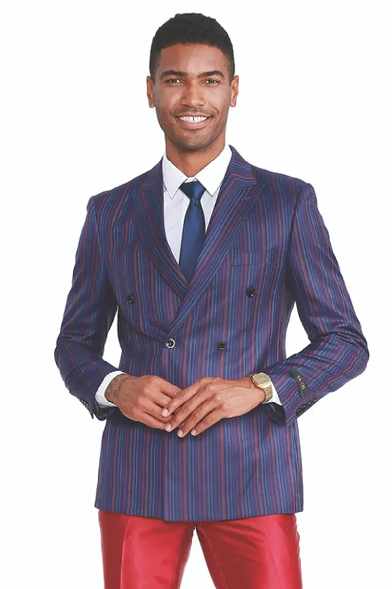 Mens Navy Blue Double Breasted Pinstripe Suit 4 Button Closure - Skinny Fit Pants Peak Lapel Side Vented sold by Alberto Nardoni