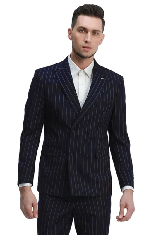 Mens Navy Blue Double Breasted Pinstripe Suit Skinny Fit Pants - Two Button Peak Lapel Side Vented sold by Alberto Nardoni