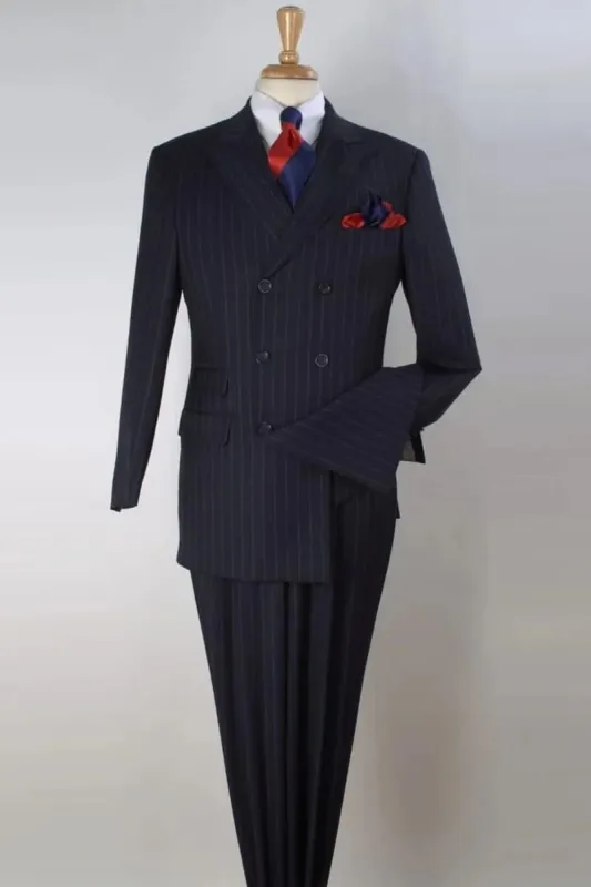 Mens Navy Blue Double Breasted Pinstripe Suit Ticket Pocket - Peak Lapel Side Vented sold by Alberto Nardoni