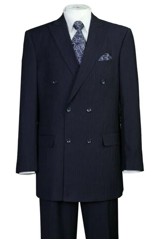 Mens Navy Blue Double Breasted Pinstripe Suit Classic Fit - Peak Lapel Side Vented sold by Alberto Nardoni
