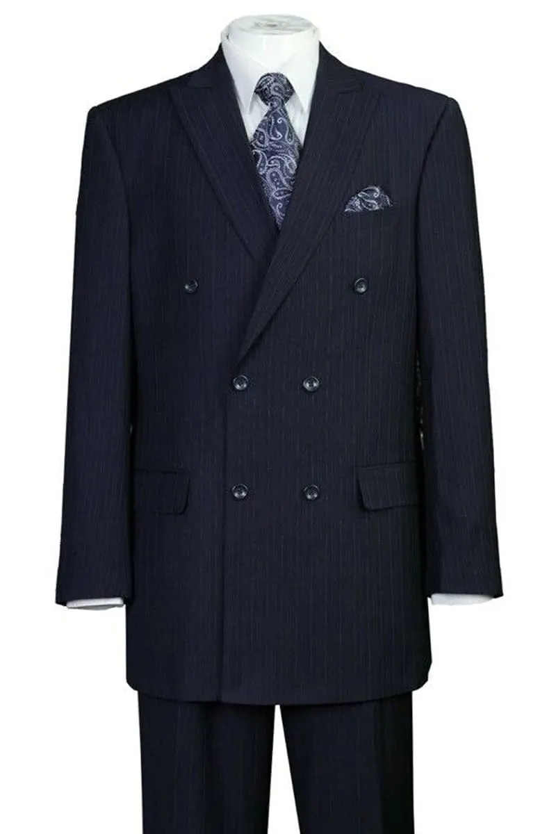 Mens Navy Blue Double Breasted Pinstripe Suit Classic Fit - Peak Lapel Side Vented sold by Alberto Nardoni