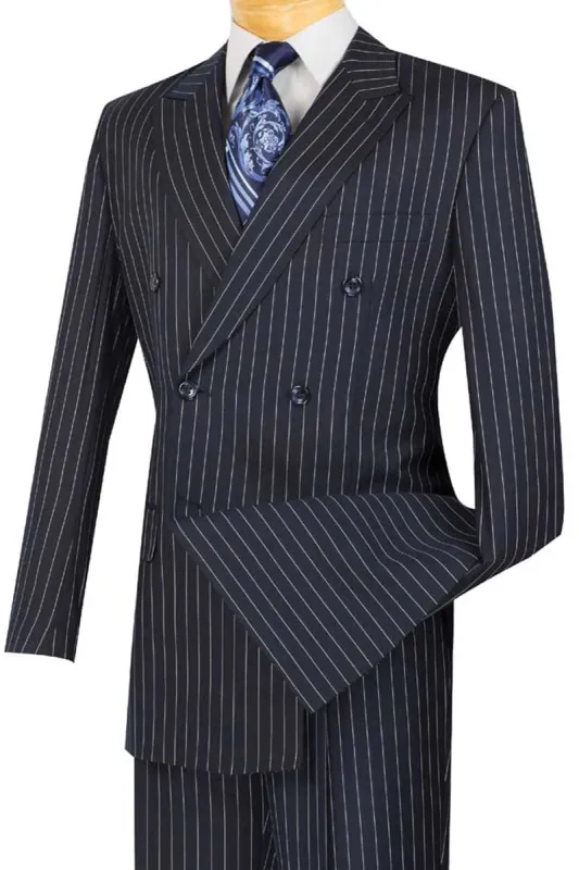 Mens Navy Blue Double Breasted Pinstripe Suit - Peak Lapel Side Vented and Matching Pants sold by Alberto Nardoni