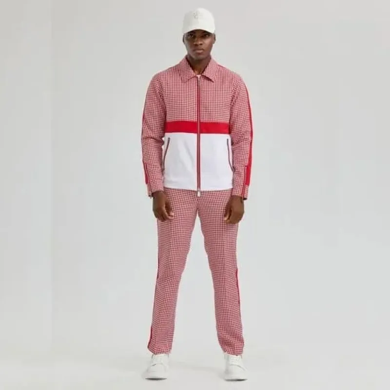 Walking Suit - Mens Houndstooth 2pc Red Tracksuit made by Alberto Nardoni