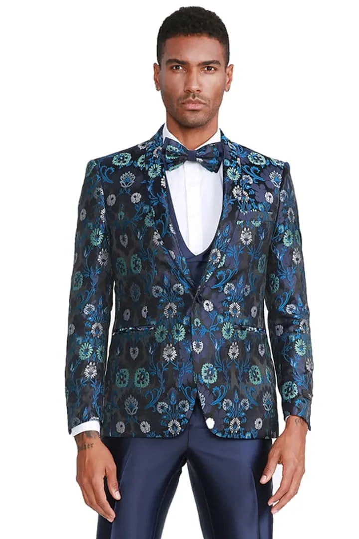 Men's One Button Vested Floral Print Navy Blue Wedding Tuxedo sold by Alberto Nardoni product image thumbnail 2