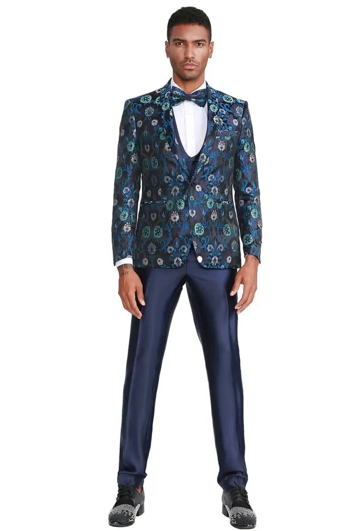 Men's One Button Vested Floral Print Navy Blue Wedding Tuxedo sold by Alberto Nardoni