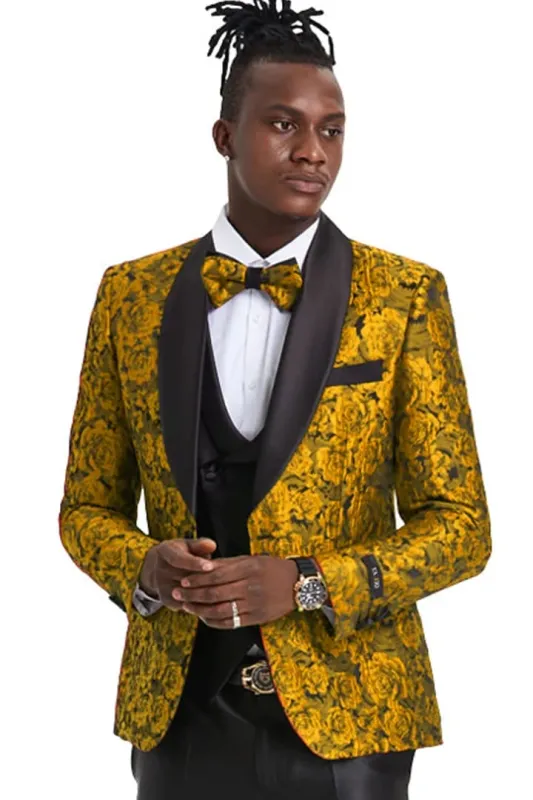 Men's One Button Slim Fit Shiny Paisley Gold prom Tuxedo sold by Alberto Nardoni