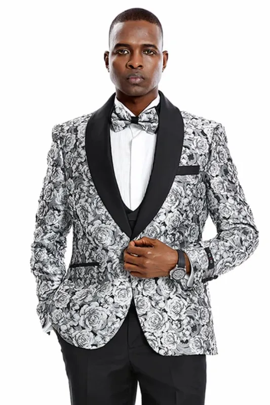 Mens One Button Slim Fit Shiny Paisley Floral Silver Prom Tuxedo sold by Alberto Nardoni