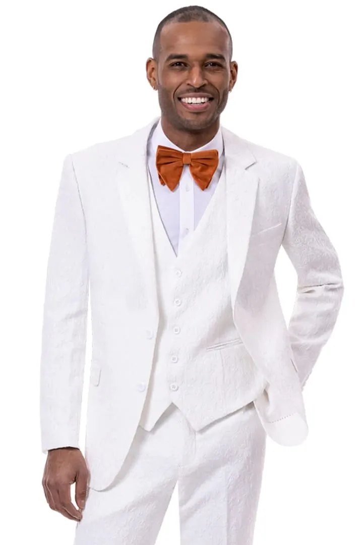 Mens Two Buttons Vested Paisley White Fashion Suit sold by Alberto Nardoni
