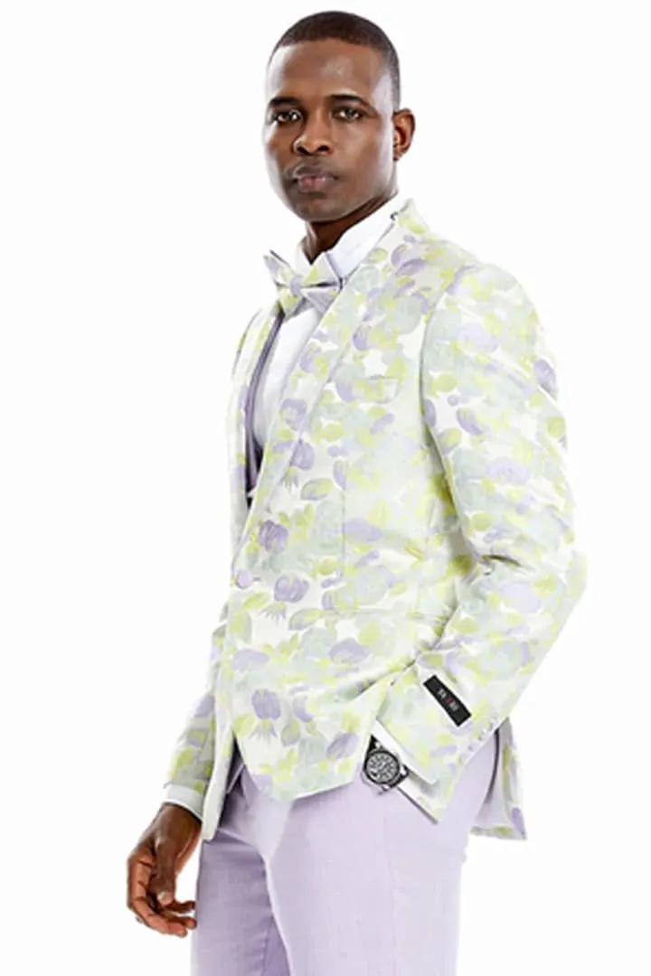Men's One Button Vested Water Color Tulip Floral Print Wedding Dinner Jacket Lilac Tuxedo Suit sold by Alberto Nardoni product image thumbnail 2