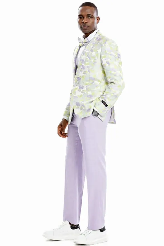 Men's One Button Vested Water Color Tulip Floral Print Wedding Dinner Jacket Lilac Tuxedo Suit sold by Alberto Nardoni