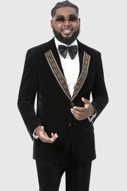 Mens Modern Fit Velvet Tuxedo Suit with Gold Sequin Lapel Black Embellishment Suit sold by Alberto Nardoni