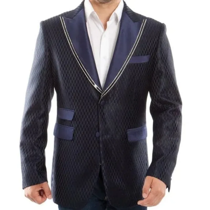 Navy Blue and Gold Trim Tuxedo Dinner Jacket - Navy Blue Blazer sold by Alberto Nardoni