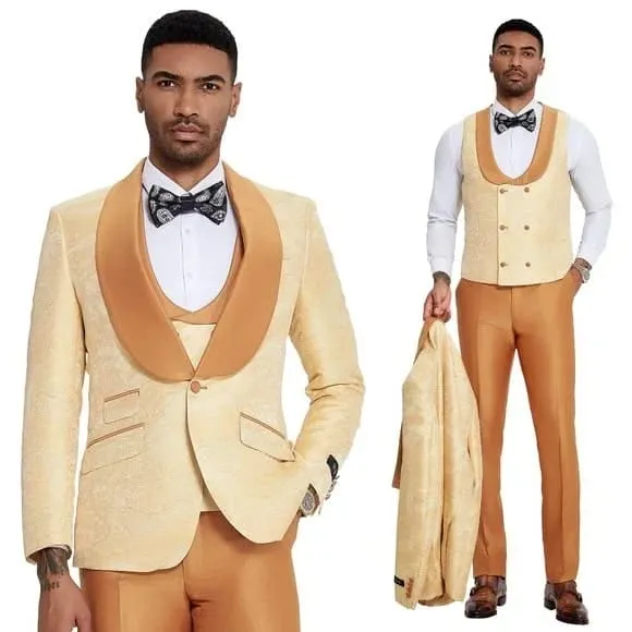 2025 Prom Special Orange Tuxedo Suit w/ Double-Breasted Vest by Tazzio sold by Alberto Nardoni