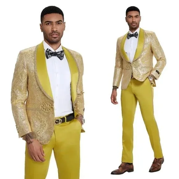 2025 Prom Special Mustard Paisley 2pc Mens Suit by Tazzio sold by Alberto Nardoni