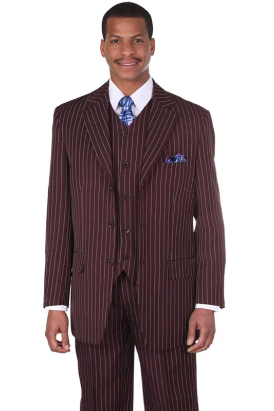 Big and Tall Brown Suit MENS 3 BUTTON VESTED VINTAGE BOLD GANGSTER PINSTRIPE SUIT IN BROWN sold by Alberto Nardoni