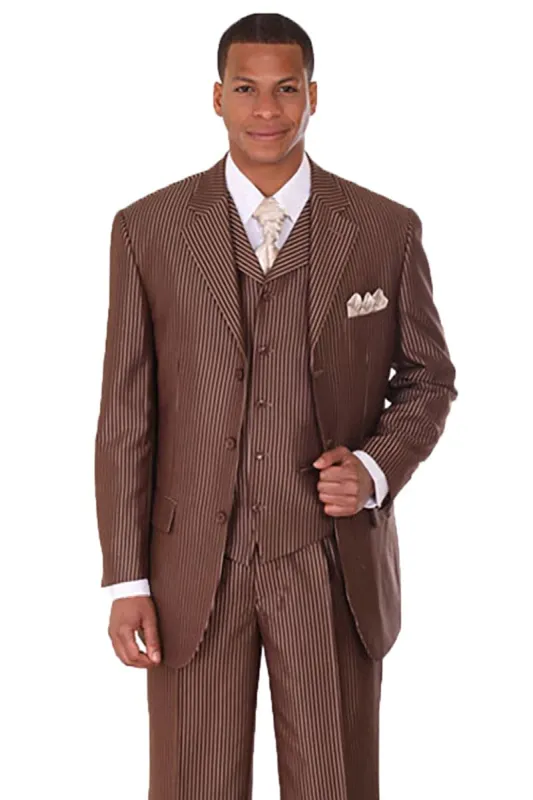 Big and Tall Brown Suit MENS 3 BUTTON VESTED SHINY SHARKSKIN NARROW PINSTRIPE SUIT IN BROWN sold by Alberto Nardoni