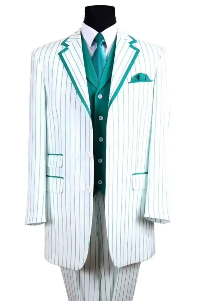 Big and Tall Navy Blue Suit MENS 3 BUTTON VESTED BARBERSHOP QUARTET SUIN IN WHITE WITH TURQUOISE PINSTRIPES sold by Alberto Nardoni