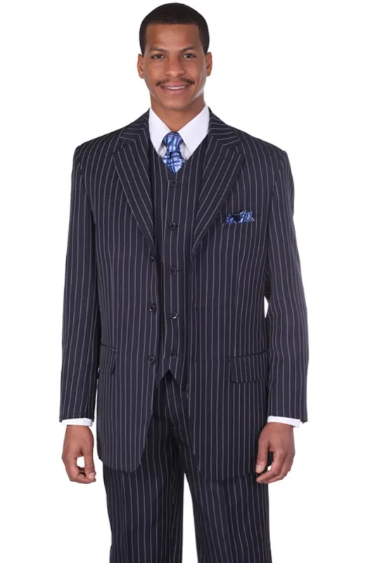 Big and Tall Navy Blue Suit MENS 3 BUTTON VESTED VINTAGE BOLD GANGSTER PINSTRIPE SUIT IN NAVY BLUE sold by Alberto Nardoni