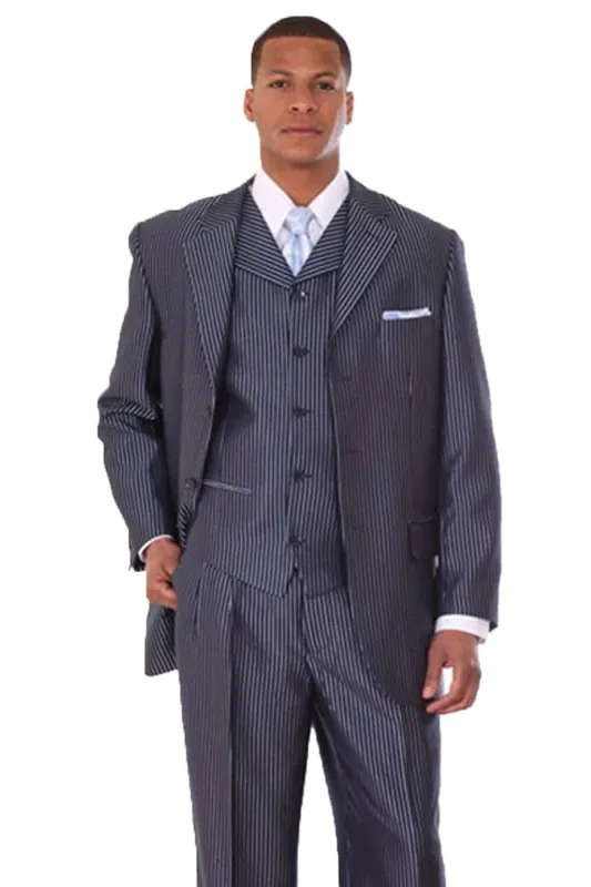 Big and Tall Navy Blue Suit MENS 3 BUTTON VESTED SHINY SHARKSKIN NARROW PINSTRIPE SUIT IN NAVY BLUE sold by Alberto Nardoni