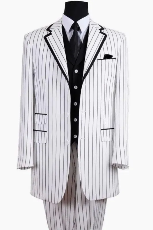 Big and Tall Black Suit MENS 3 BUTTON VESTED BARBERSHOP QUARTET SUIN IN WHITE WITH BLACK PINSTRIPES made by Alberto Nardoni