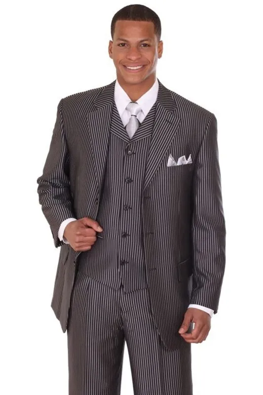 Big and Tall Black Suit MENS 3 BUTTON VESTED SHINY SHARKSKIN NARROW PINSTRIPE SUIT IN BLACK made by Alberto Nardoni
