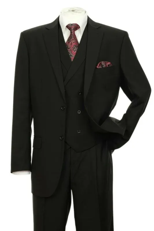 Big and Tall Black Suit MENS 2 BUTTON PLEATED PANT SUIT IN BLACK WITH DOUBLE BREASTED VEST made by Alberto Nardoni