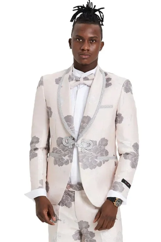 Mens Gray Tuxedo - Grey Wedding Suit-Mens One Button Vested Shawl Tuxedo In Pink & Silver Paisely With Lace Trim sold by Alberto Nardoni