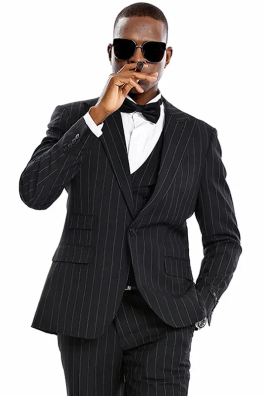 Men's One Button Vested Wide Peak Lapel Bold Gangster Pinstripe Suit In Black sold by Alberto Nardoni