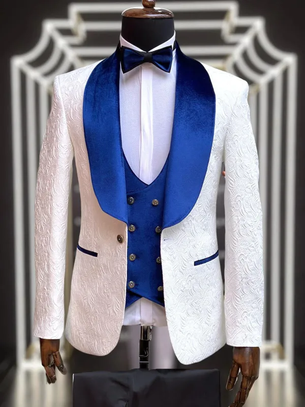Wedding Tuxedo Premium Paisley Blue Velvet 4pc Suit W/ Matching Bowtie made by Alberto Nardoni