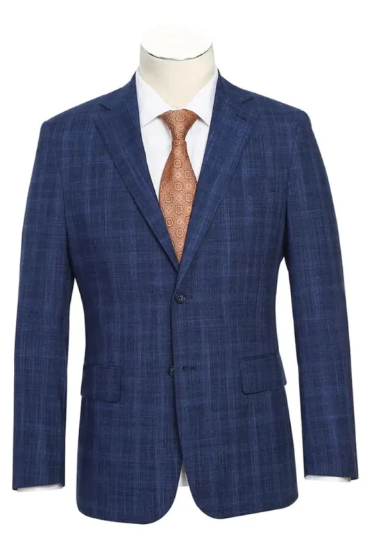 Mens Plaid Suit - Patterned Business Suit - Mens Designer Two Button Slim Fit Notch Lapel Suit In Dark Blue Windowpane Plaid Weave sold by Alberto Nardoni