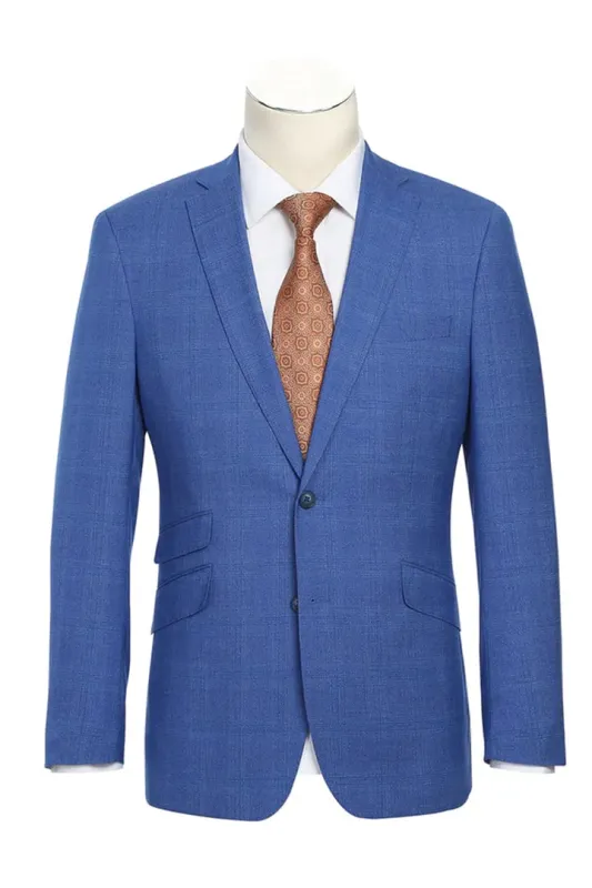 Mens Plaid Suit - Patterned Business Suit - Mens Designer Two Button Slim Fit Notch Lapel Suit In Royal Blue Windowpane Plaid Check sold by Alberto Nardoni