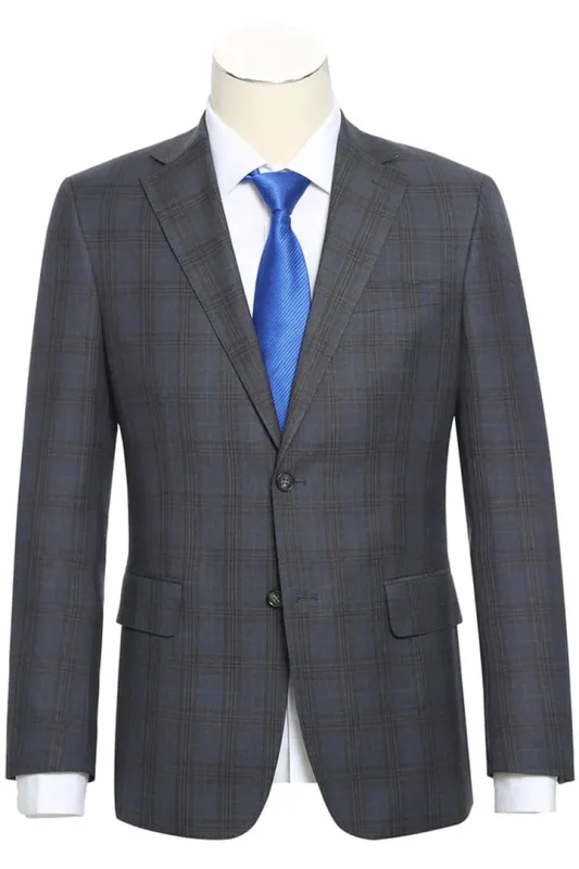 Mens Plaid Suit - Patterned Business Suit -Mens Designer Two Button Slim Fit Notch Lapel Suit In Grey & Tan Windowpane Plaid sold by Alberto Nardoni