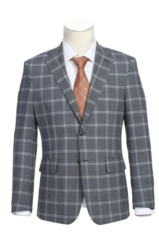 Mens Plaid Suit - Patterned Business Suit - Mens Designer Two Button Slim Fit Notch Lapel Wool Suit In Bold Medium Grey Windowpane Plaid sold by Alberto Nardoni