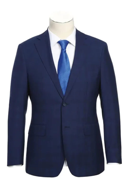 Mens Plaid Suit - Patterned Business Suit - Mens Designer Two Button Slim Fit Notch Lapel Wool Suit In Midnight Blue Windowpane Plaid Check sold by Alberto Nardoni