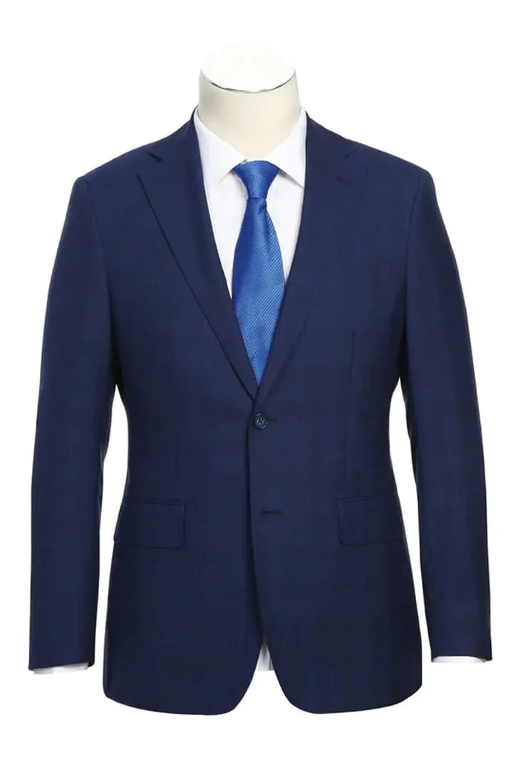 Mens Plaid Suit - Patterned Business Suit - Mens Designer Two Button Slim Fit Notch Lapel Wool Suit In Midnight Blue Windowpane Plaid Check sold by Alberto Nardoni