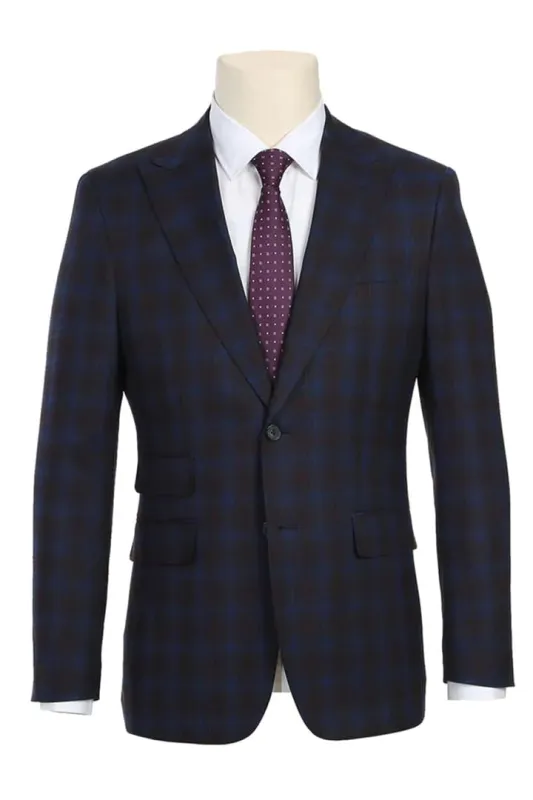 Mens Plaid Suit - Patterned Business Suit - Mens Designer Two Button Slim Fit Peak Lapel Suit In Navy Blue & Burgundy Windowpane Plaid Check sold by Alberto Nardoni