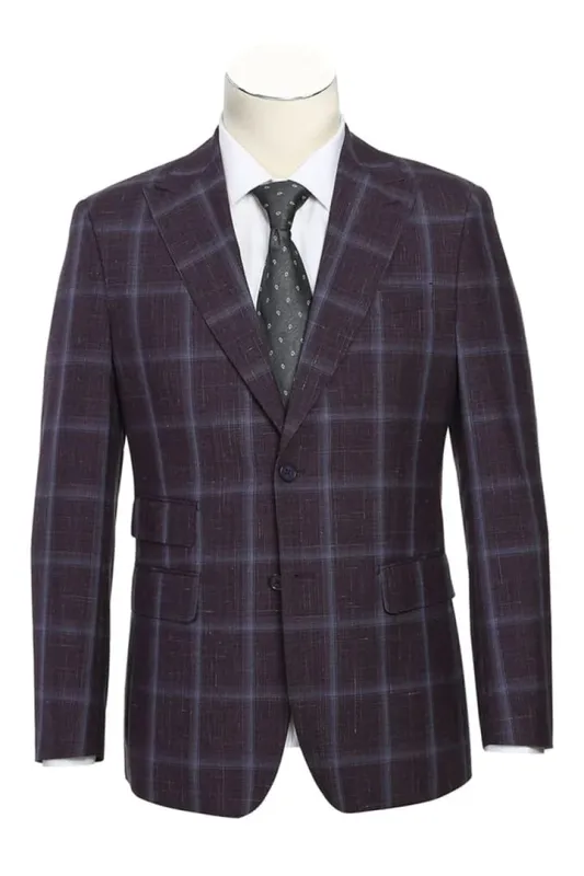 Mens Plaid Suit - Patterned Business Suit - Mens Designer Two Button Slim Fit Peak Lapel Wool Suit In Dark Purple Eggplant Windowpane Plaid Check made by Alberto Nardoni