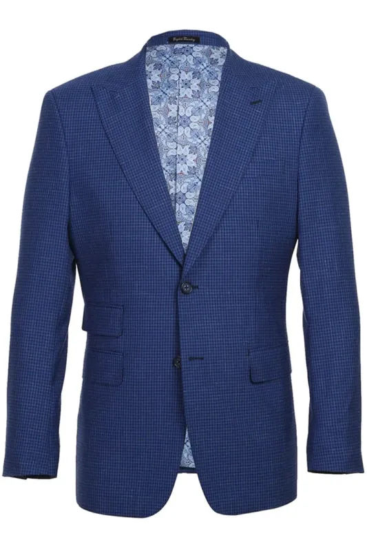 Mens Plaid Suit - Patterned Business Suit - Mens Designer Two Button Slim Fit Peak Lapel Wool Suit In Blue Mini Plaid Check sold by Alberto Nardoni